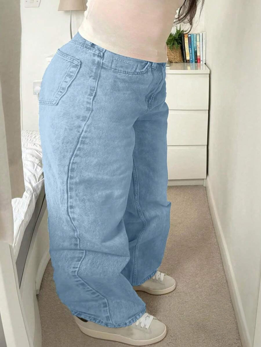 Trendy Plus Size High-Waisted Zipper Fly Straight Leg Pocket Denim Jeans Pants – Free Shipping