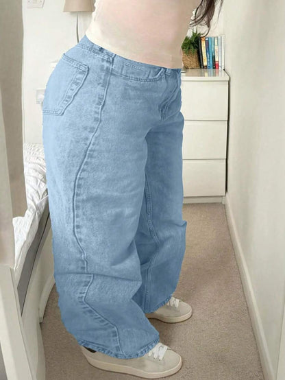 Trendy Plus Size High-Waisted Zipper Fly Straight Leg Pocket Denim Jeans Pants – Free Shipping