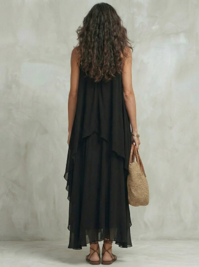 Timeless Black Sleeveless Layered Chiffon Flowy Maxi Dress-Free Shipping