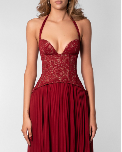 Sophisticated Sweetheart Halter Corset Pleated Flowy Maxi Dress-Free Shipping