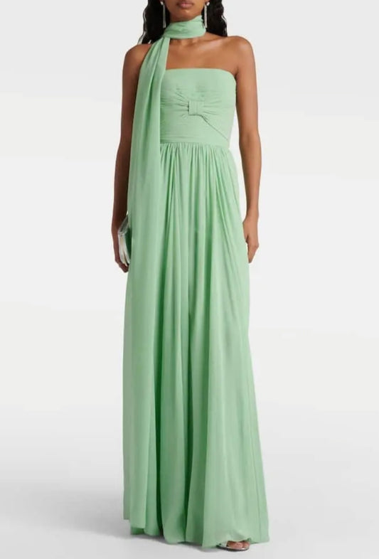 Stunning Strapless Scarf-Neck Pleated Maxi Dress-Free Shipping