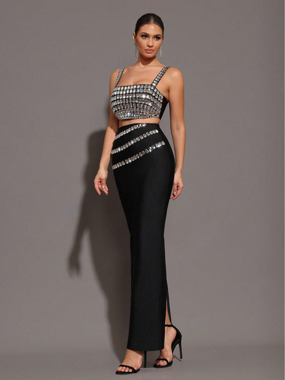 Sparkling Rhinestone-Embellished Strap Top & Long Skirt Set - Free Shipping