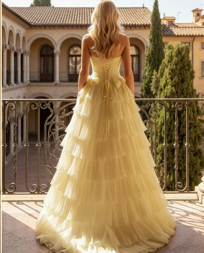 Sophisticated Strapless Bow Rhinestone Tiered Ruffle Corset Maxi Dress-Free Shipping