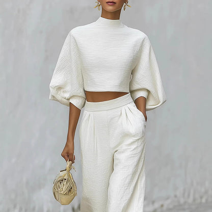 Timeless White High Neck Lantern Sleeve Crop Top Wide Leg Pant Set-Free Shipping
