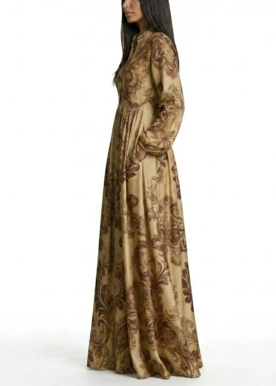 Vibrant Printed Buttoned Long Sleeve Flowy Maxi Dress-Free Shipping