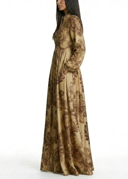 Vibrant Printed Buttoned Long Sleeve Flowy Maxi Dress-Free Shipping