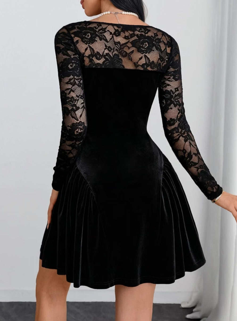 Stylish Black Lace Long Sleeve Mini Short Fit and Flare Dress - Free Shipping