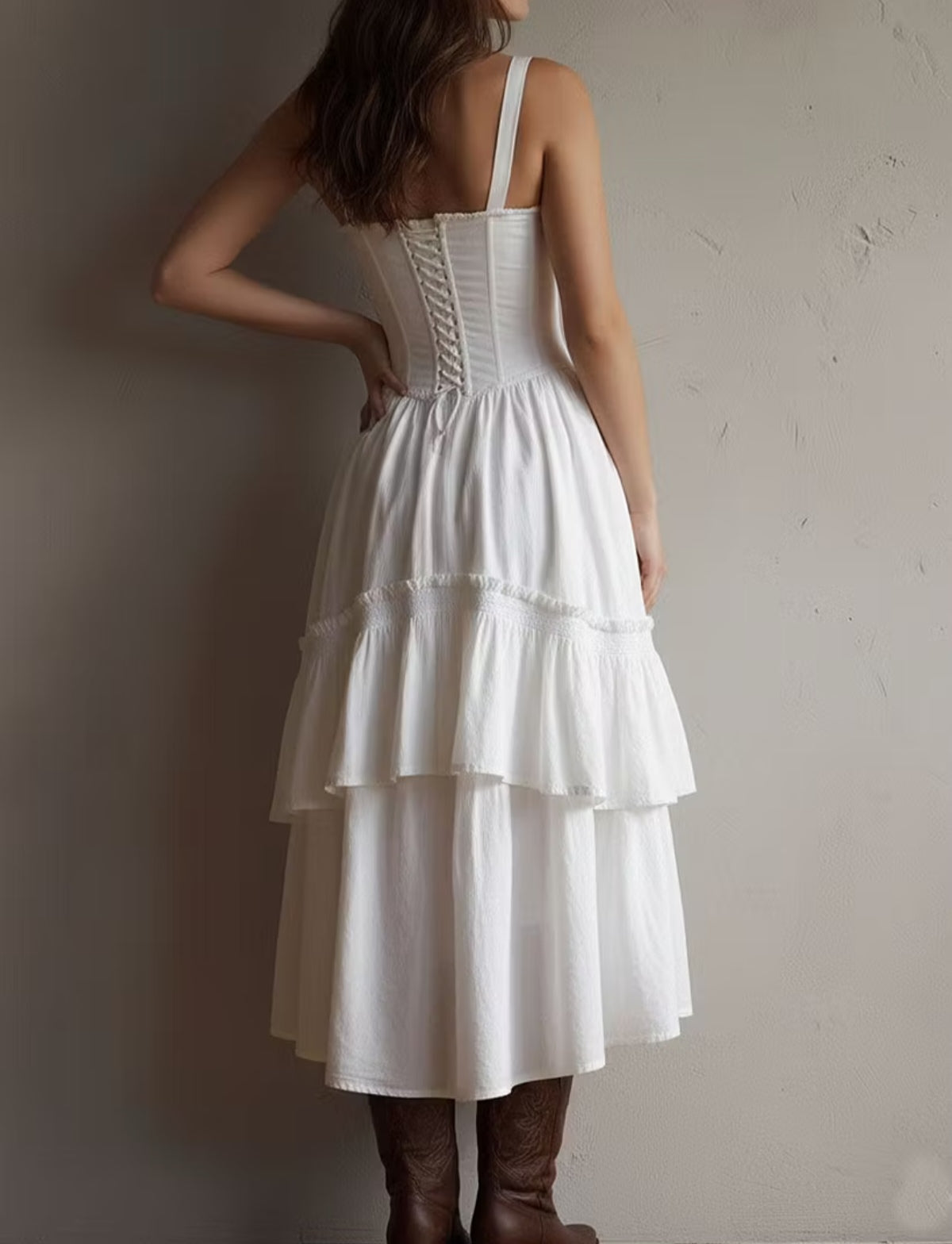 Chic White Lace Trim Corset Tiered Midi Dress-Free Shipping