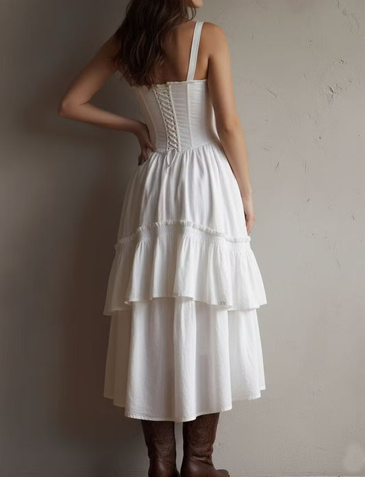 Chic White Lace Trim Corset Tiered Midi Dress-Free Shipping