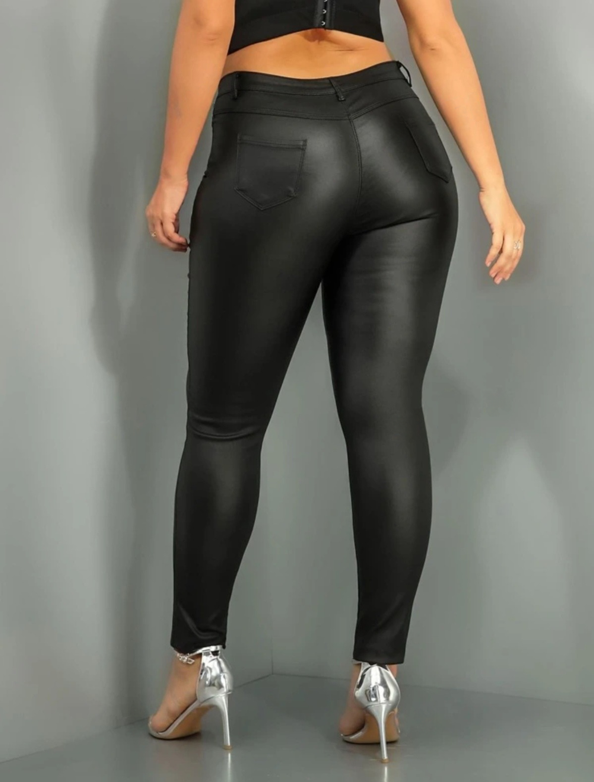 Edgy Plus Size High Waist PU Leather Pockets Skinny Pants-Free Shipping