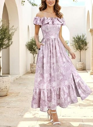 Chic Ruffle Off-Shoulder Slit A-Line Maxi Dress-Free Shipping