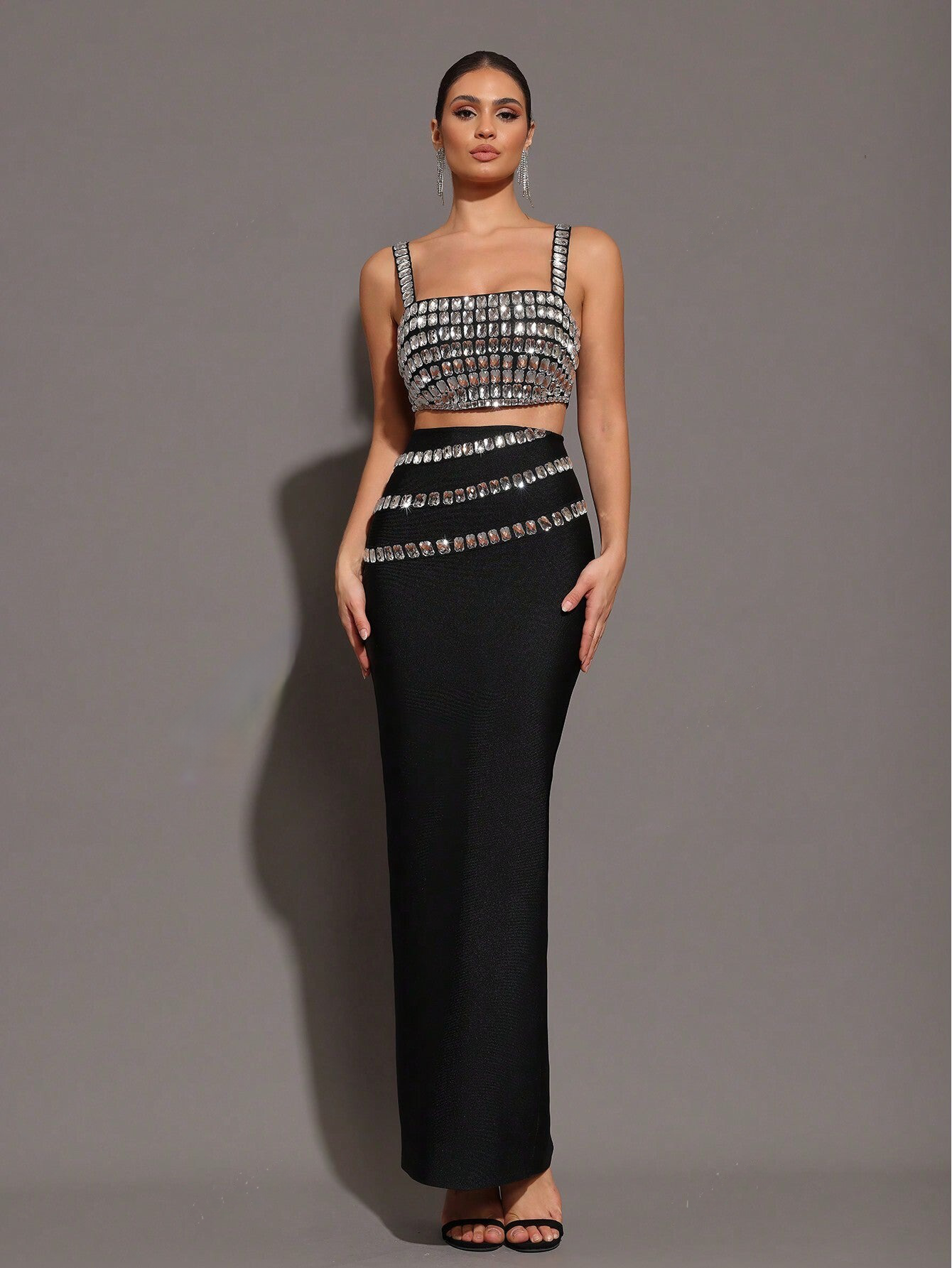 Sparkling Rhinestone-Embellished Strap Top & Long Skirt Set - Free Shipping