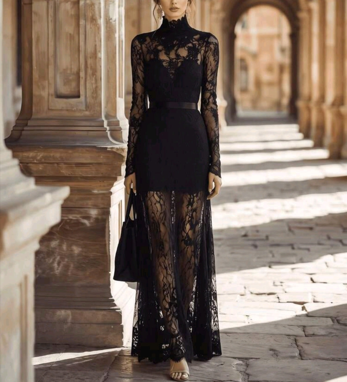 Stylish Black Sheer Lace High-Neck Long Sleeve Fitted Maxi Dress-Free Shipping