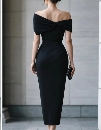 Chic Black Asymmetric Off-Shoulder Draped Bodycon Midi Front-Slit Dress-Free Shipping