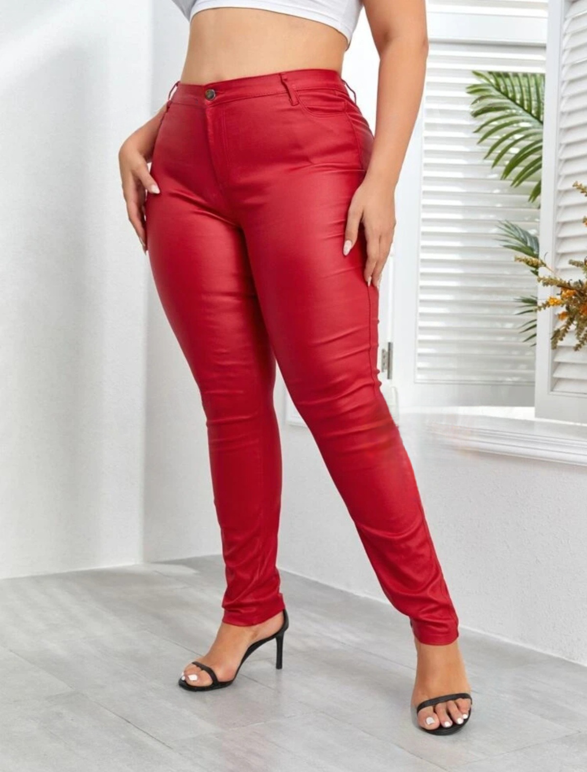 Edgy Plus Size High Waist PU Leather Pockets Skinny Pants-Free Shipping