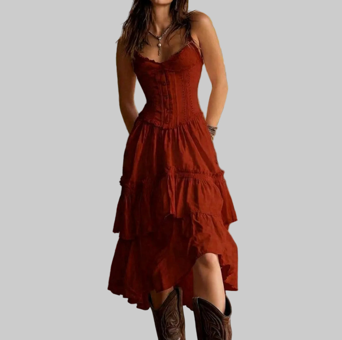 Chic White Lace Trim Corset Tiered Midi Dress-Free Shipping