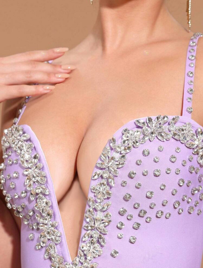 Stylish Purple Rhinestone Deep V-Neck Plunging Bandage Evening Dress-Free Shipping