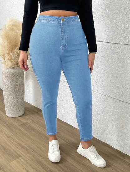 Chic and Comfortable Plus Size Blue Denim Skinny Jeans-Free Shipping