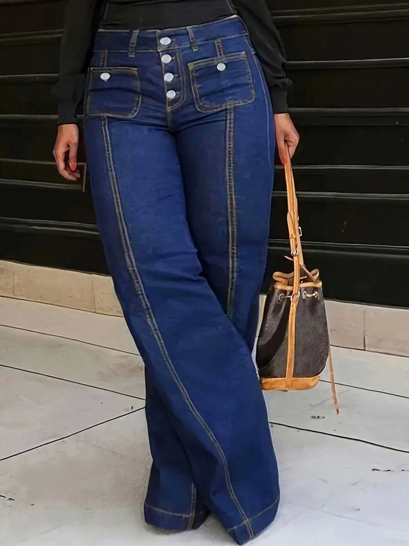 Stylish Plus Size High-Waisted Button Fly Flared Denim Jeans Pants-Free Shipping