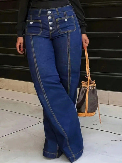 Stylish Plus Size High-Waisted Button Fly Flared Denim Jeans Pants-Free Shipping