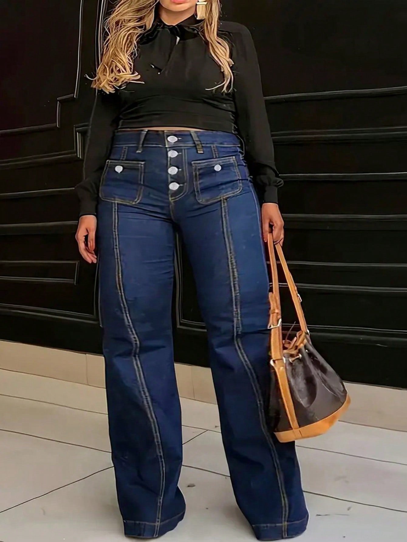 Stylish Plus Size High-Waisted Button Fly Flared Denim Jeans Pants-Free Shipping