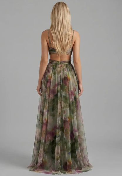Stylish Floral V-Neck Strap Cut-Out Slit Flowy Maxi Dress-Free Shipping