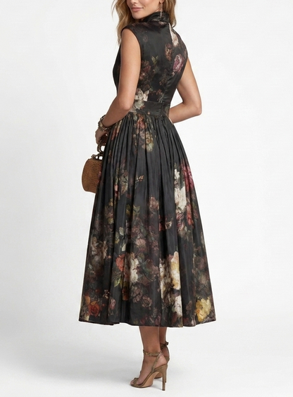 Elegant Black Floral Keyhole Neckline Pleated Midi Dress-Free Shipping