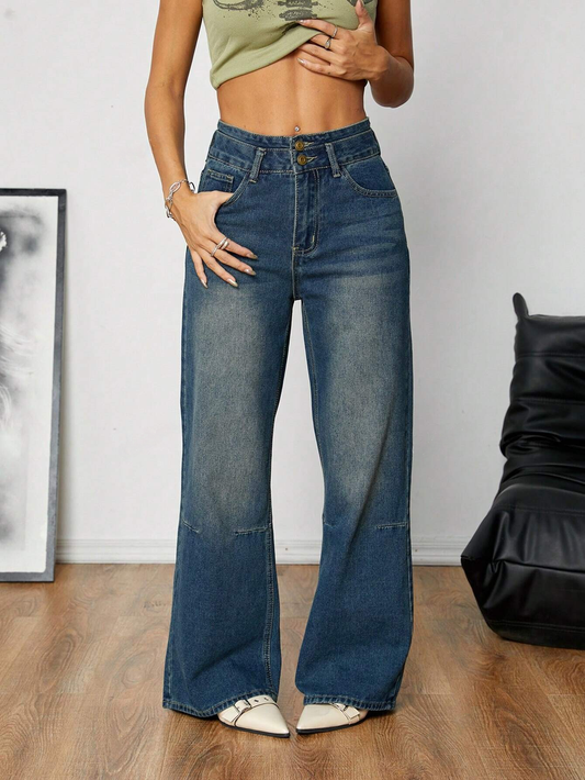 Vintage Denim Loose Leg High Waist Snap Button Zipper Fly Jeans-Free Shipping