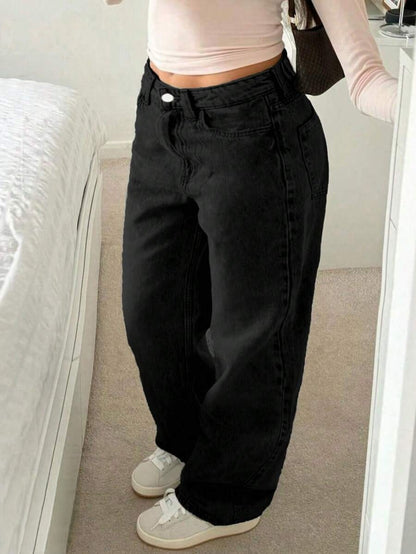 Trendy Plus Size High-Waisted Zipper Fly Straight Leg Pocket Denim Jeans Pants – Free Shipping