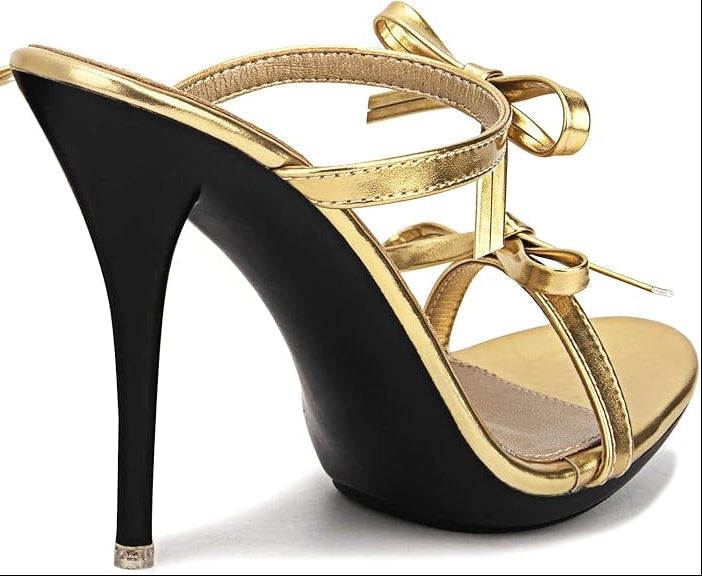 Stunning Black Patent Leather Strappy Bow-Knot Open-Toe Stiletto High Heel Sandals – Free Shipping