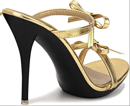 Stunning Black Patent Leather Strappy Bow-Knot Open-Toe Stiletto High Heel Sandals – Free Shipping