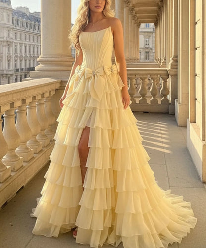 Sophisticated Strapless Bow Rhinestone Tiered Ruffle Corset Maxi Dress-Free Shipping