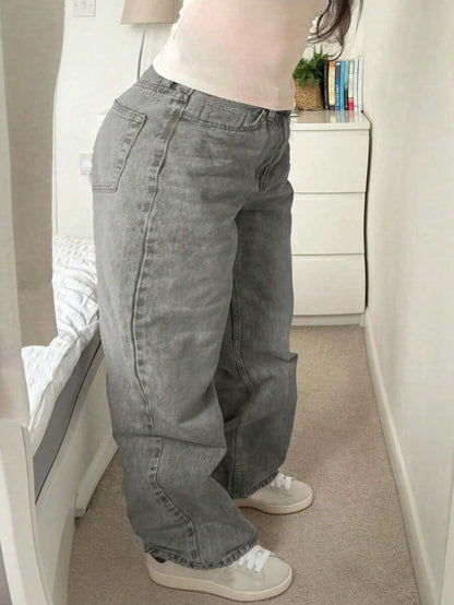 Trendy Plus Size High-Waisted Zipper Fly Straight Leg Pocket Denim Jeans Pants – Free Shipping