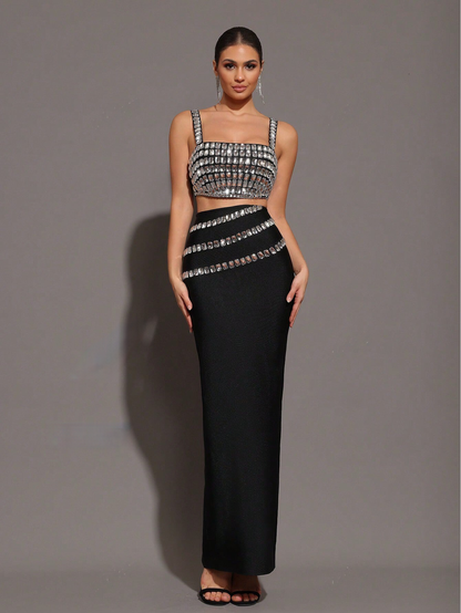 Sparkling Rhinestone-Embellished Strap Top & Long Skirt Set - Free Shipping