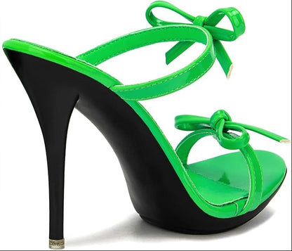Stunning Black Patent Leather Strappy Bow-Knot Open-Toe Stiletto High Heel Sandals – Free Shipping