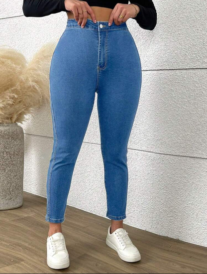 Chic and Comfortable Plus Size Blue Denim Skinny Jeans-Free Shipping