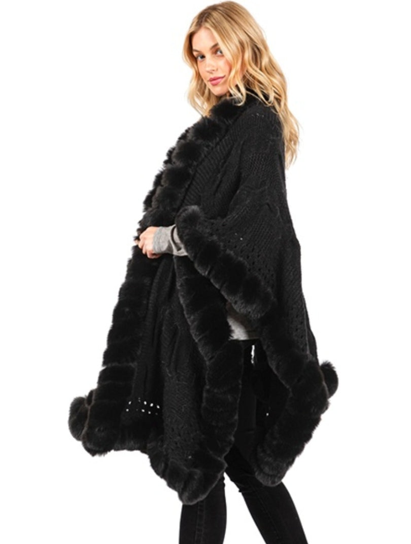Stylish Faux Fur Trim Cable Knit Closure Cape Shawl – Free Shipping