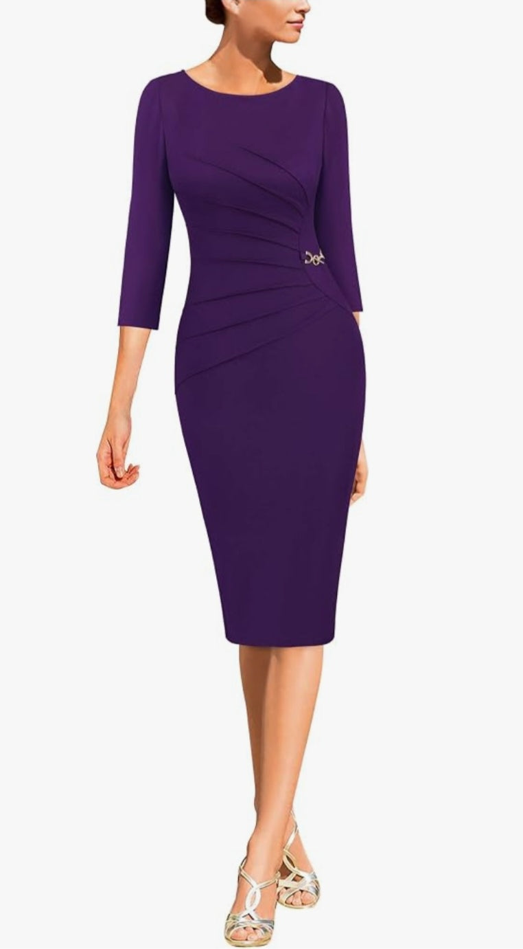 Refined Ruched Three-Quarter Sleeve Slit Bodycon Midi Dress-Free Shipping