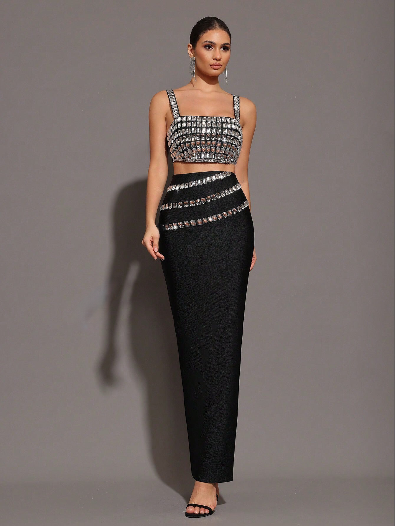 Sparkling Rhinestone-Embellished Strap Top & Long Skirt Set - Free Shipping