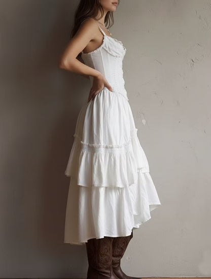 Chic White Lace Trim Corset Tiered Midi Dress-Free Shipping