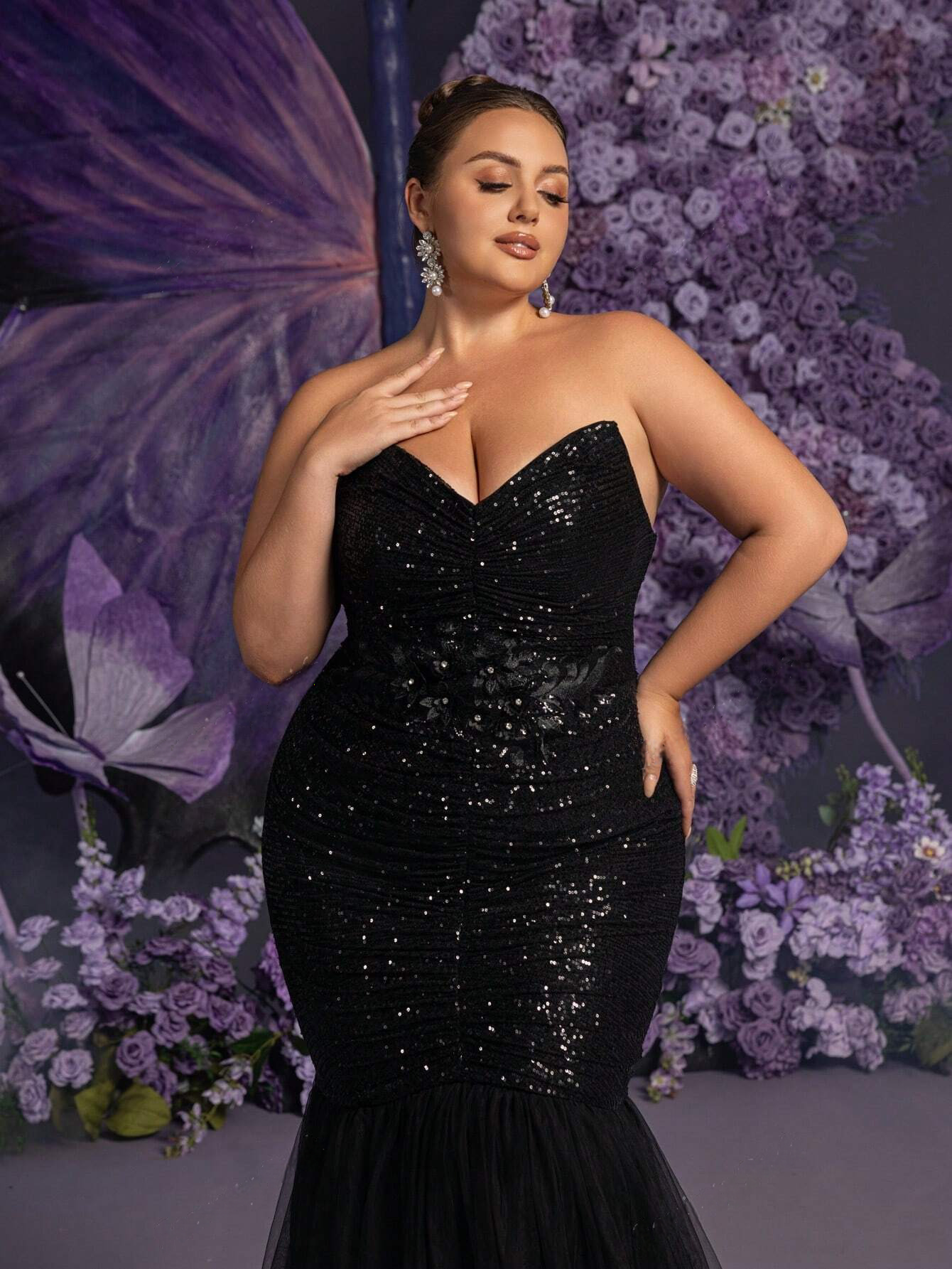 Elegant Black Sequin Plus Size Ruched Strapless Mermaid Long Dress-Free Shipping