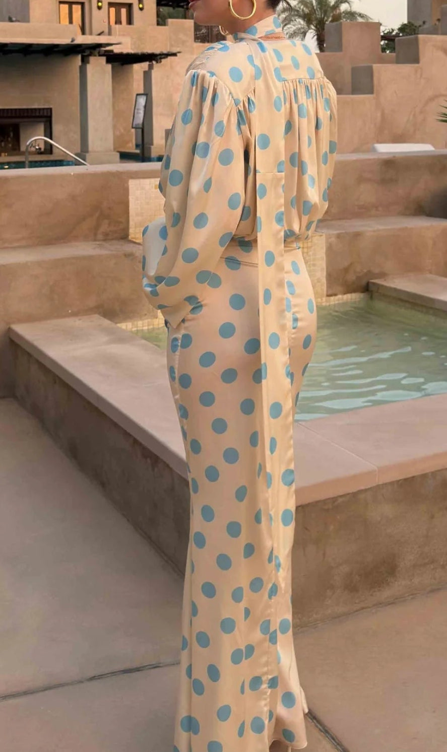 Timeless Polka Dot V-Neck Long Puff Sleeve Draped Maxi Mermaid Dress - Free Shipping