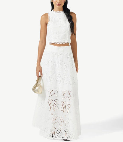 Vintage Sleeveless Pocket Eyelet Two-Piece Maxi Skirt Set - Free Shipping