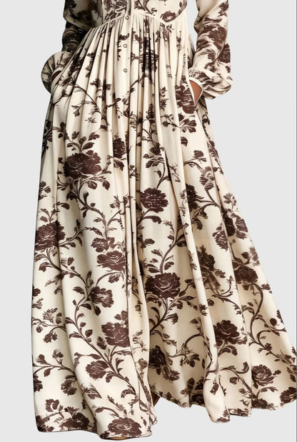 Vibrant Printed Buttoned Long Sleeve Flowy Maxi Dress-Free Shipping