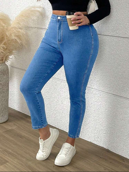 Chic and Comfortable Plus Size Blue Denim Skinny Jeans-Free Shipping