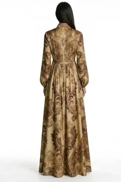 Vibrant Printed Buttoned Long Sleeve Flowy Maxi Dress-Free Shipping