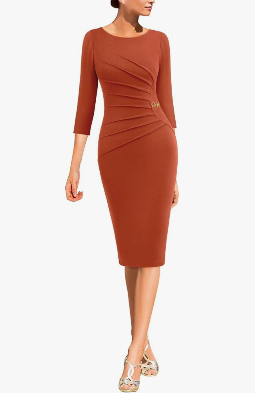 Refined Ruched Three-Quarter Sleeve Slit Bodycon Midi Dress-Free Shipping