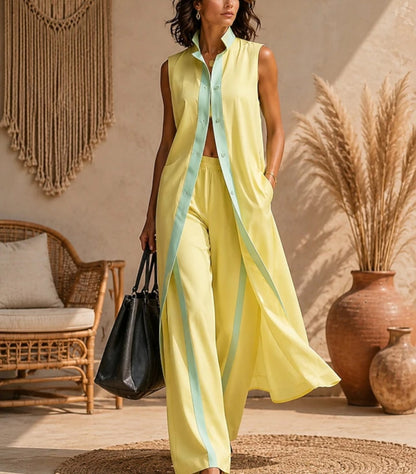 Timeless Buttoned Sleeveless Longline Top Wide-Leg Pants Outfit Set-Free Shipping