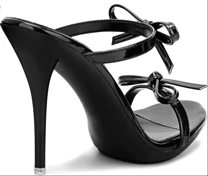 Stunning Black Patent Leather Strappy Bow-Knot Open-Toe Stiletto High Heel Sandals – Free Shipping