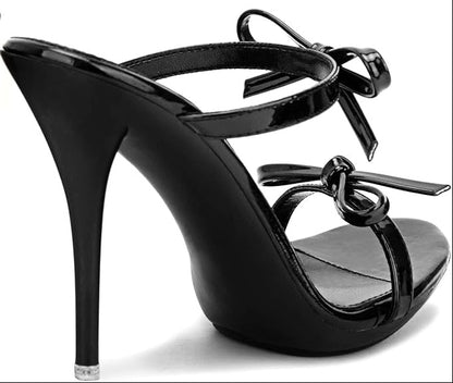 Stunning Black Patent Leather Strappy Bow-Knot Open-Toe Stiletto High Heel Sandals – Free Shipping
